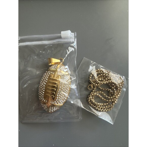 Football Pendant Chain Stainless Steel Super Bowl Gift Men’s Cubic Zirconia Gold - Picture 6 of 6